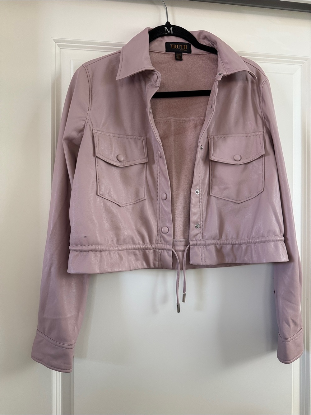 Truth Lavender Pink Cropped Drawstring Leather Jacket